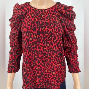 Zara Puff Sleeve Red/Black Animal Print Top Size S